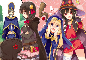 Картинка аниме kono+subarashii+sekai+ni+shukufuku+wo девушки взгляд фон