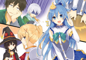 Картинка аниме kono+subarashii+sekai+ni+shukufuku+wo девушки взгляд фон