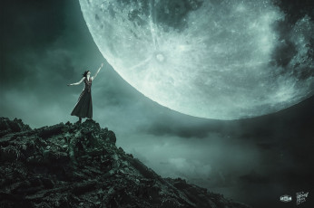 Картинка разное компьютерный+дизайн девушка повязка улыбка скала луна