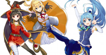 Картинка аниме kono+subarashii+sekai+ni+shukufuku+wo девушки взгляд фон