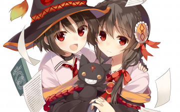 Картинка аниме kono+subarashii+sekai+ni+shukufuku+wo девушки взгляд фон