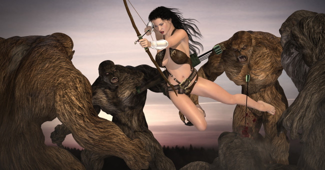 Обои картинки фото 3д графика, фантазия , fantasy, девушка, взгляд, фон, монстры