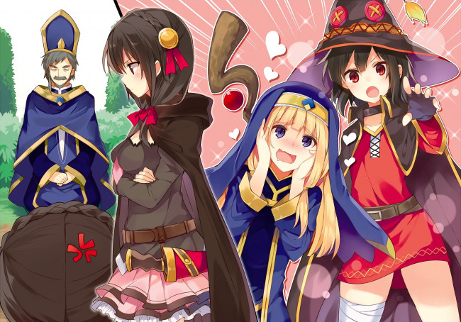 Обои картинки фото аниме, kono subarashii sekai ni shukufuku wo, девушки, взгляд, фон