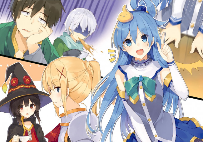 Обои картинки фото аниме, kono subarashii sekai ni shukufuku wo, девушки, взгляд, фон