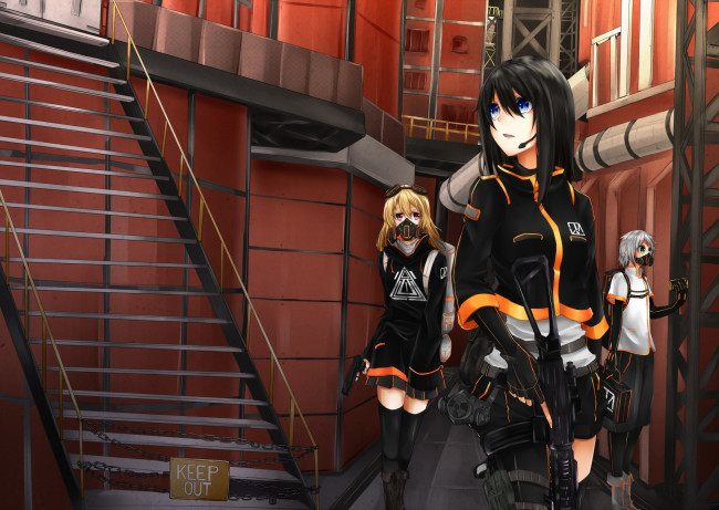 Обои картинки фото аниме, оружие,  техника,  технологии, pretty, biohazard, bishojo, blue, eyes, weapon, kawaii, revolution, brunette, rifle, mask, girl