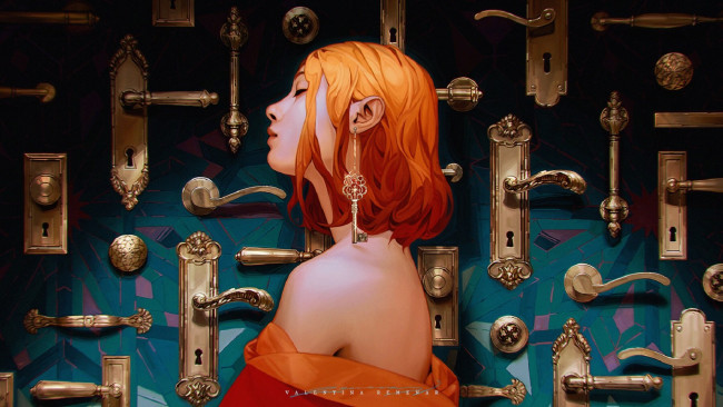 Обои картинки фото рисованное, люди, девушка, ключ, замки