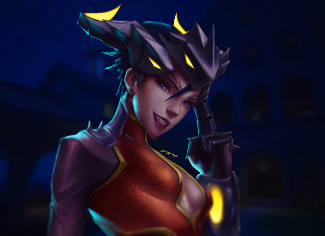 Обои картинки фото видео игры, overwatch, девушка, шлем, город