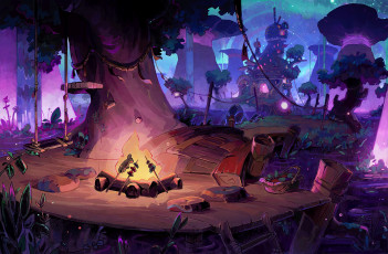 Картинка фэнтези замки дерево мост костер замок качели