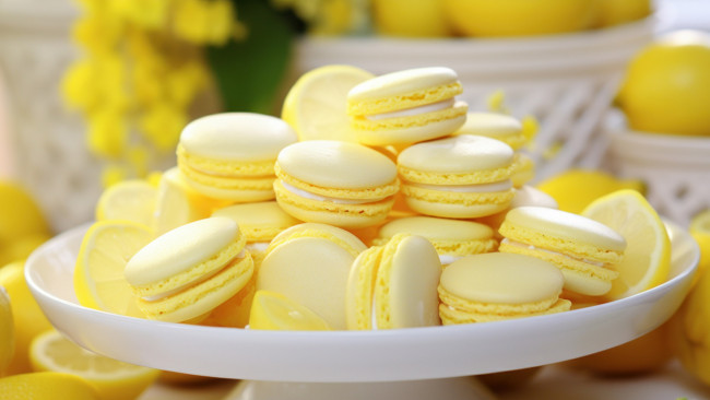 Обои картинки фото еда, макаруны, лакомство, лимонные