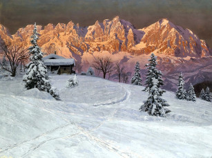 обоя рисованное, alois arnegger, горы, снег, зима, деревья, дом