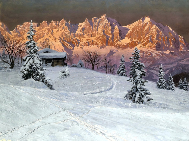 Обои картинки фото рисованное, alois arnegger, горы, снег, зима, деревья, дом