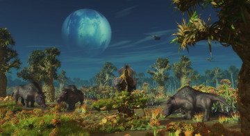 Картинка 3д графика animals животные деревья луна динозавры