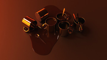 Картинка 3д графика другое стол чашки ложки