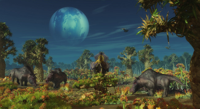 Обои картинки фото 3д, графика, animals, животные, деревья, луна, динозавры