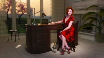 Картинка 3д графика people люди стол девушка вино