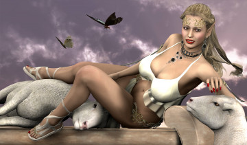 Картинка 3д графика elves эльфы эльфийка бабочки овцы