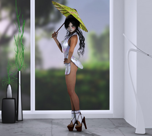 Обои картинки фото 3д, графика, people, люди, девушка, комната, растение, зонтик