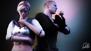 Картинка 3д+графика фантазия+ fantasy фон взгляд девушка яблоко мужчина