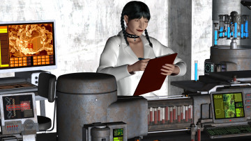 Картинка 3д+графика люди+ people взгляд девушка пробирки лаборатория фон