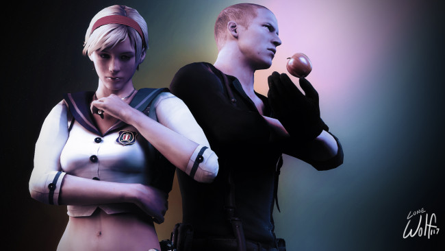 Обои картинки фото 3д графика, фантазия , fantasy, фон, взгляд, девушка, яблоко, мужчина