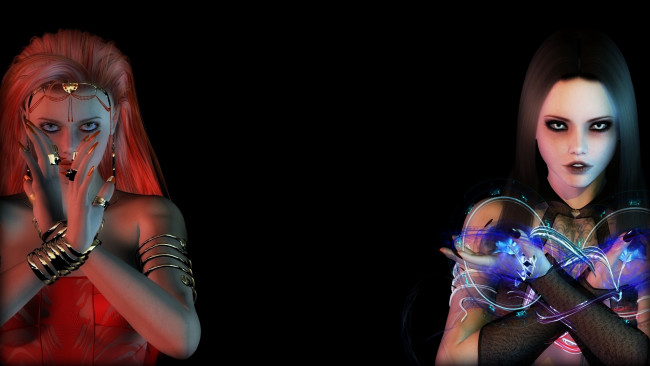 Обои картинки фото 3д графика, фантазия , fantasy, магия, фон, взгляд, девушки
