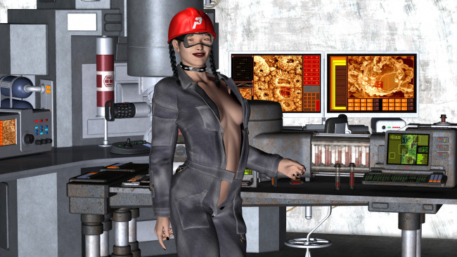 Обои картинки фото 3д графика, люди , people, лаборатория, фон, взгляд, пробирки, девушка