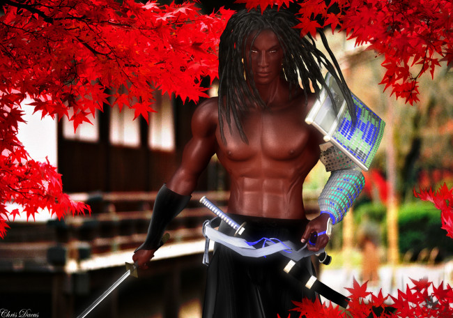 Обои картинки фото 3д графика, фантазия , fantasy, мужчина, взгляд, фон, оружие, дерево