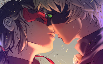 Картинка аниме miraculous+ladybug арт invisibleninja12 miraculous ladybug marinette cheng adrien agreste chat noir девушка парень маска двое поцелуй