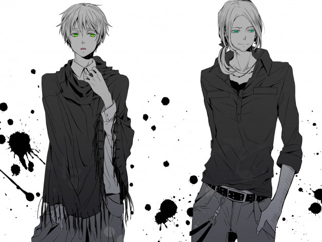 Обои картинки фото аниме, hetalia,  axis powers, axis, powers, france, england, англия, франция, парни, зеленые, глаза, кляксы, ремень, плед, чб