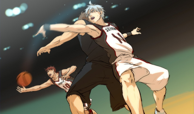 Обои картинки фото аниме, kuroko no baske, kuroko, no, basket, kagami, taiga, tetsuya, баскетбол, куроко, мяч, пас, игра, спорт, пот
