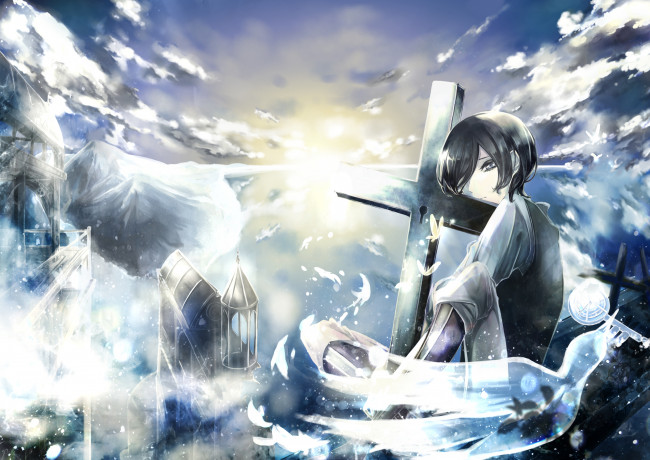 Обои картинки фото аниме, город,  улицы,  здания, tamakitouwa, арт, облака, парень, крест