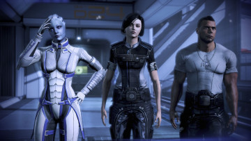 обоя видео игры, mass effect 3, девушки, персонажи, коридор, парень