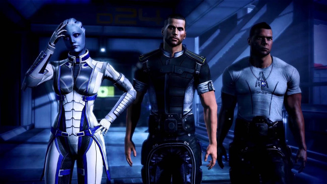 Обои картинки фото видео игры, mass effect 3, персонажи, девушка, коридор, парни