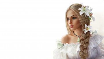 Картинка 3д+графика люди+ people девушка фон взгляд коса цветок бабочка