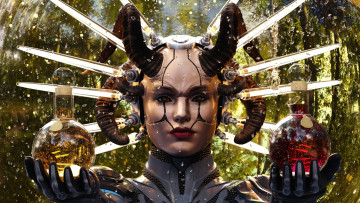 Картинка 3д+графика существа+ creatures девушка фон взгляд рога жидкость колба