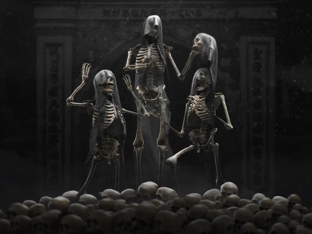 Обои картинки фото 3д графика, ужас , horror, череп, фон, скелет
