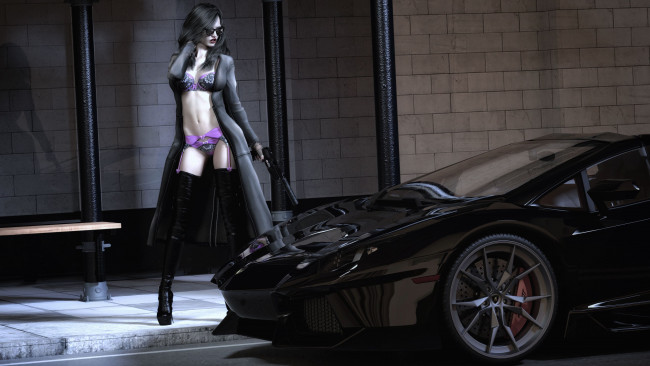 Обои картинки фото 3д графика, люди-авто, мото , people- car ,  moto, девушка, фон, плащ, бельё, ботфорты, автомобиль