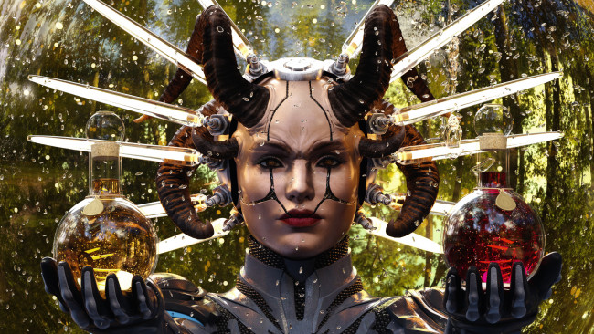 Обои картинки фото 3д графика, существа , creatures, девушка, фон, взгляд, рога, жидкость, колба