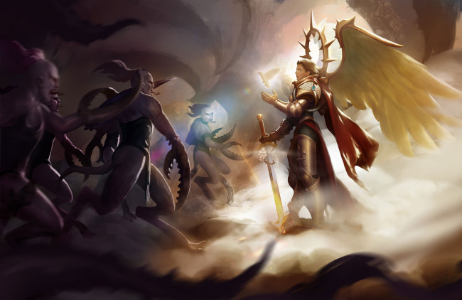 Обои картинки фото warhammer 40k, видео игры, девушка, фон, существа, латы, меч