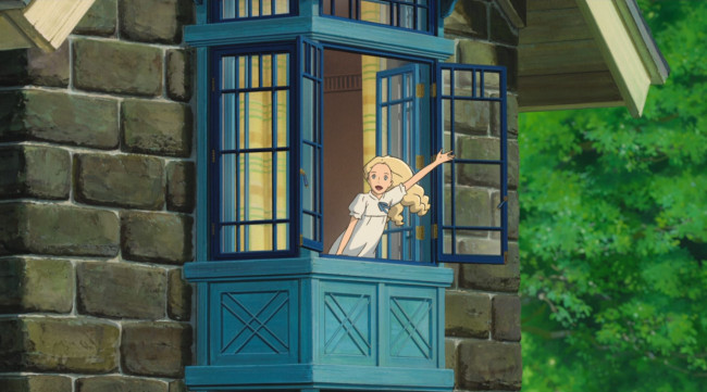 Обои картинки фото omoide no marnie, аниме, город,  улицы,  интерьер,  здания, девочка, жест, балкон