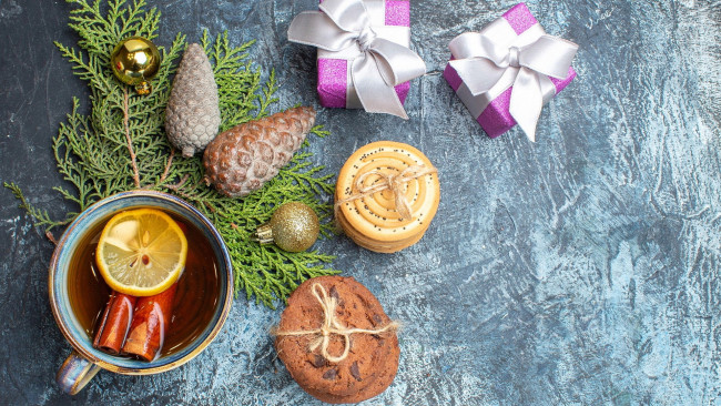 Обои картинки фото еда, напитки,  чай, печенье, чай, лимон, корица