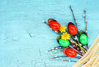 Картинка праздничные пасха букет яйца ветки верба цветы нарциссы кружево