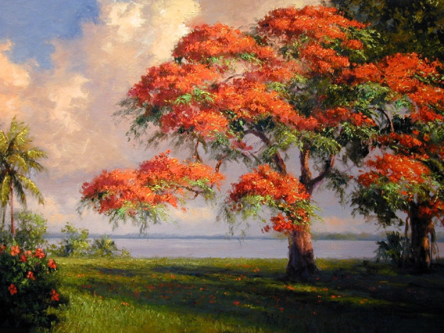 Обои картинки фото рисованное, albert ernest backus, деревья, сад, лужайка, озеро