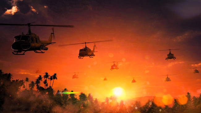 Обои картинки фото видео игры, war thunder, закат, облака, вертолеты, пальмы, джунгли