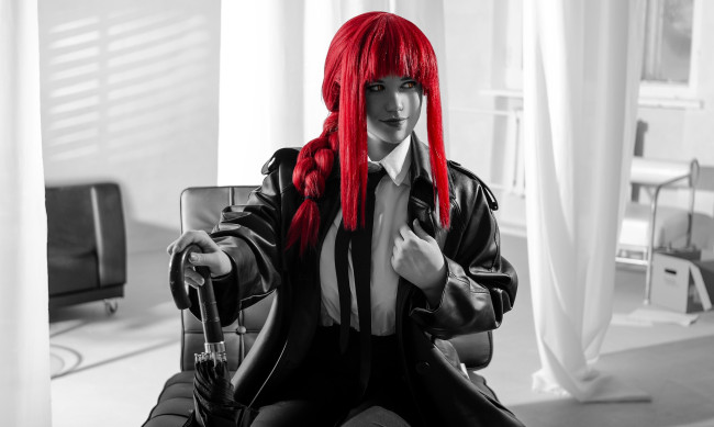 Обои картинки фото sino tyan, девушки, образ, косплей, наряд, плащ, зонт, кресло