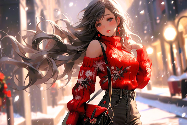 Обои картинки фото аниме, зима,  новый год,  рождество, девушка, сумка, свитер, джинсы, снег, улица