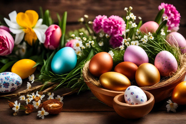 Обои картинки фото праздничные, пасха, яйца, цветы, корзина