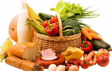 Картинка еда разное хлеб перец колбаса мясо кукуруза сыр помидоры томаты