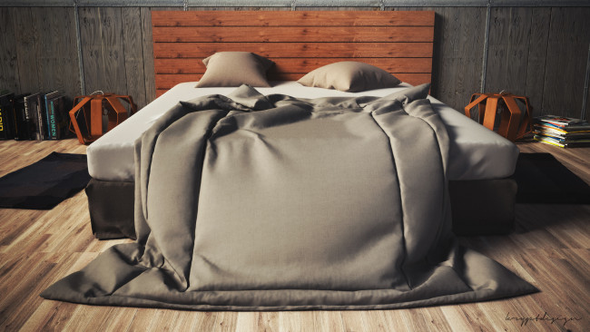 Обои картинки фото 3д графика, realism , реализм, кровать, подушки, светильники