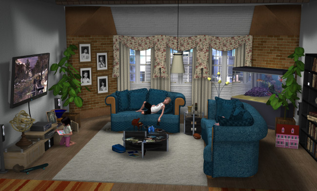 Обои картинки фото 3д графика, realism , реализм, детская, диваны, игрушки, шторы, окно, растение, дети, комната, стол, аквариум